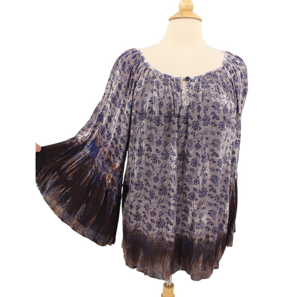 TIENDA‎ HO Peasant Blouse One Size Floral Crinkle Rayon Boho Gypsy Fairy